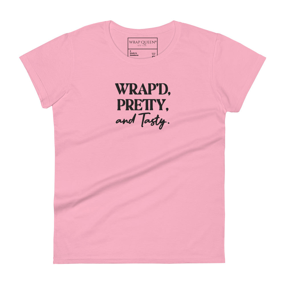 "Wrap'd, Pretty, & Tasty." Embroidered Women's Short Sleeve T-shirt