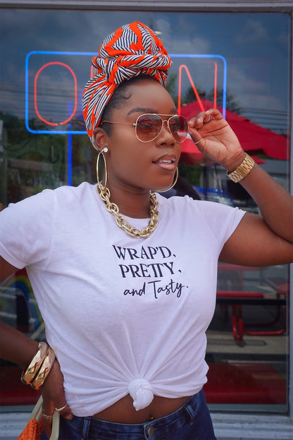 "Wrap'd, Pretty, & Tasty." Embroidered Women's Short Sleeve T-shirt